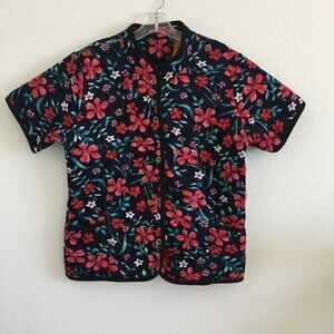 Korean Fashion Quilted Cozy Short Sleeve Top Floral Navy Blue Red Womens M/L